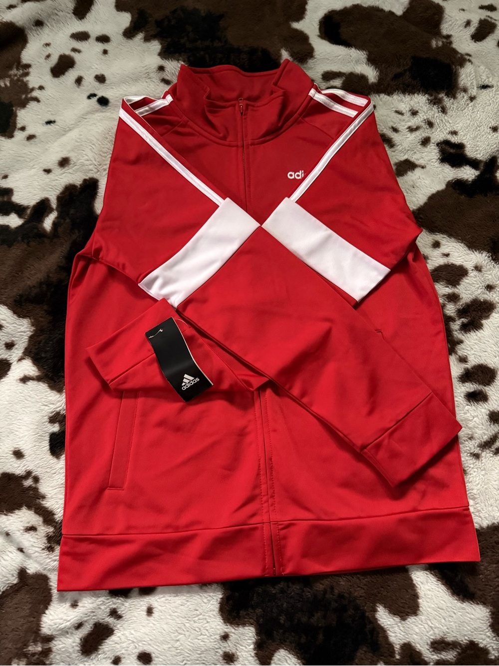 adidas Boy Red Zip-Up Track Jacket with White Stripe Accents